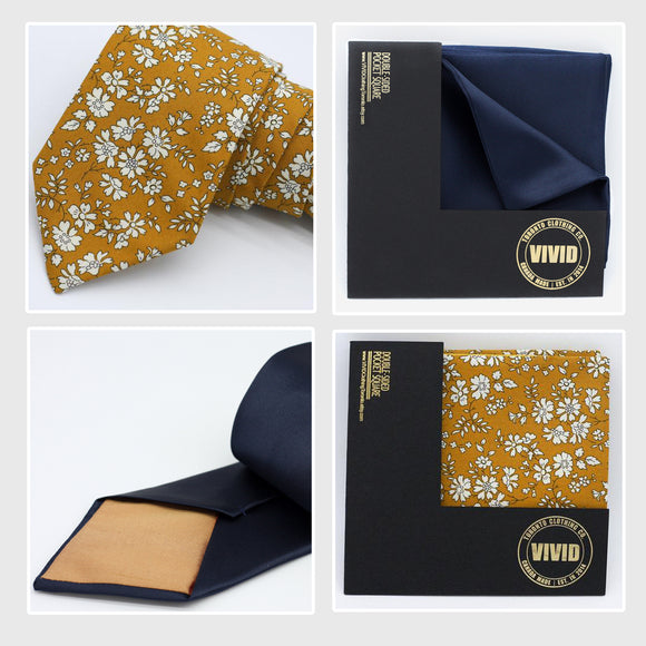 mustard yellow and navy blue neck ties and pocket squares for the wedding color trends 2021 handmade in Toronto