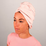 Organic cotton hair towel wrap turban golden sky toronto pastel baby pink and white stripes light pink