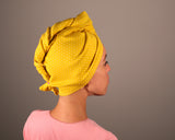 Organic cotton hair towel wrap turban golden sky toronto mustard yellow polka dot
