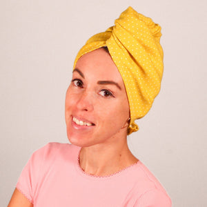 Organic cotton hair towel wrap turban golden sky toronto mustard yellow polka dot