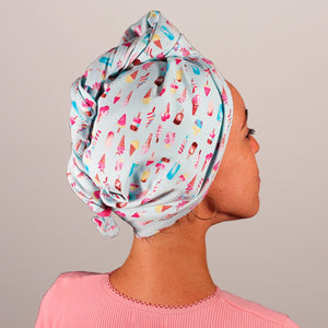 Organic cotton hair towel wrap turban golden sky toronto ice cream sky blue hot pink