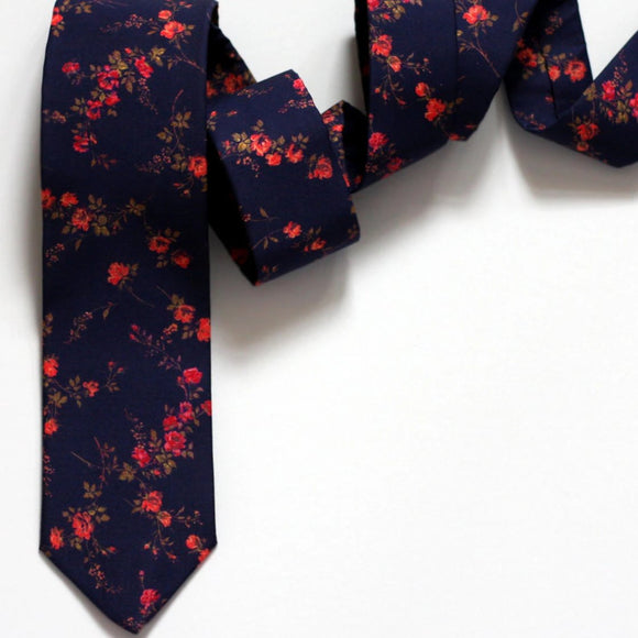 Navy Blue and Coral Floral Neck Tie, Liberty of London