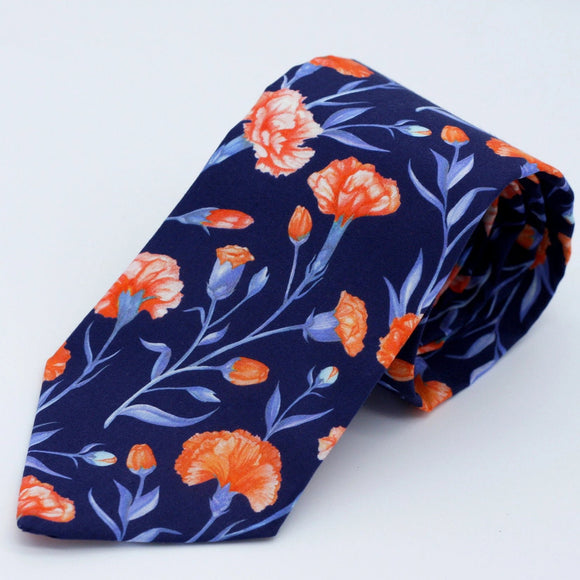 Floral Neck Tie in Navy Blue and Coral - Cloves, Carnations - Liberty of London