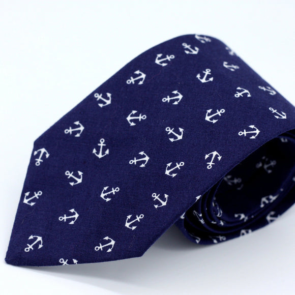 Nautical Neck Tie - Navy Blue and White Anchors Tie - Small Anchor Pattern - Classic Blue Necktie