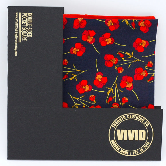Navy, Red Poppies Pocket Square - Liberty of London - Navy Blue and Red Wedding - Groom, Groomsmen- Floral Pocket Square
